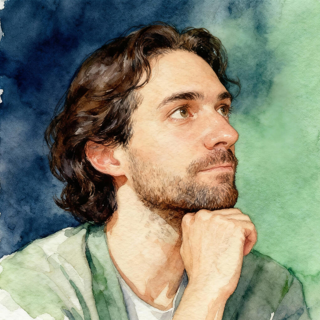 A man looking pensive but hopeful to the right, resting his head on his hand.